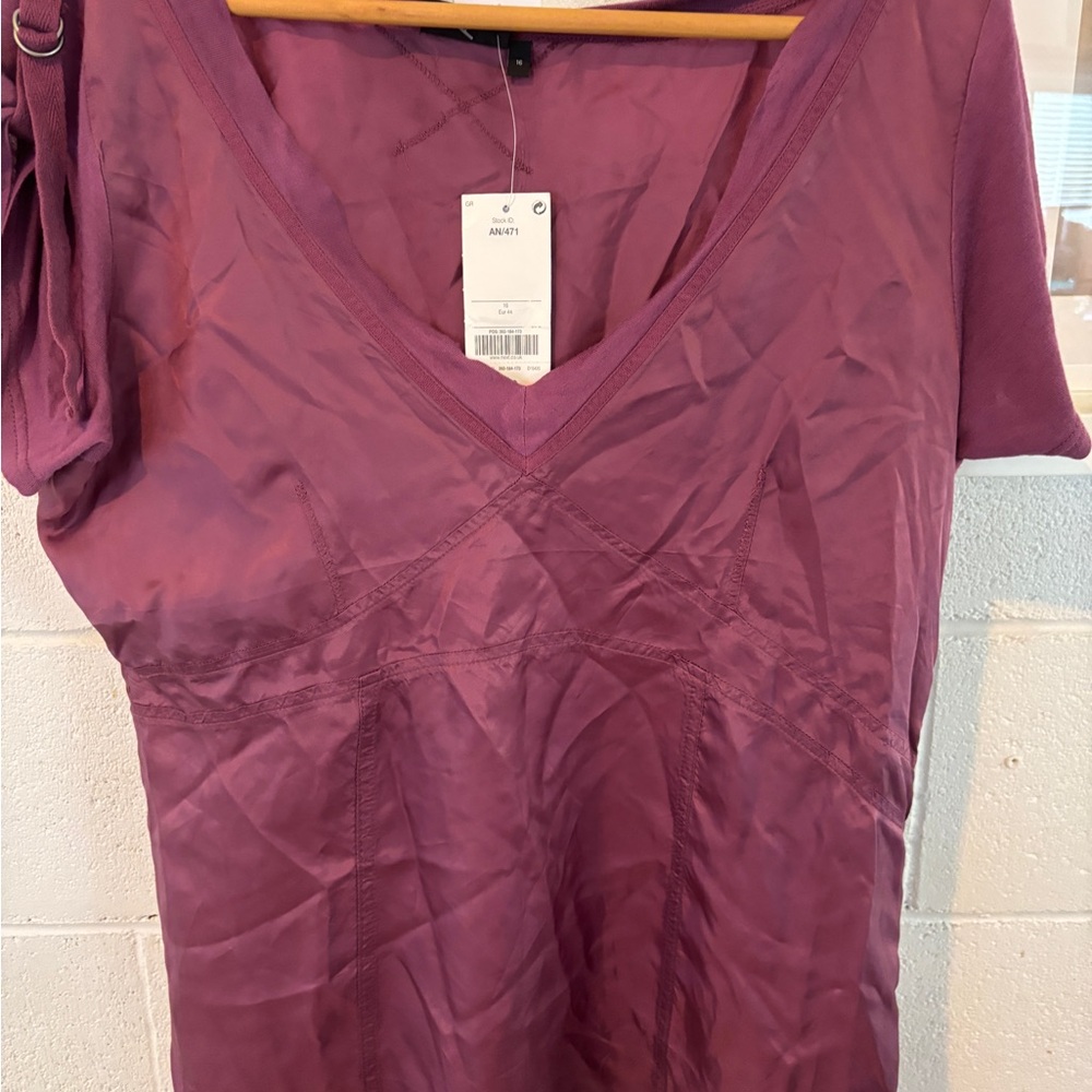 Plum Satin Short Sleeve V-Neck Top